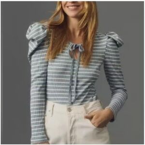 Anthropologie Porridge Womens S Puff Sleeve Tie Front Rib Top in Sky White NWT